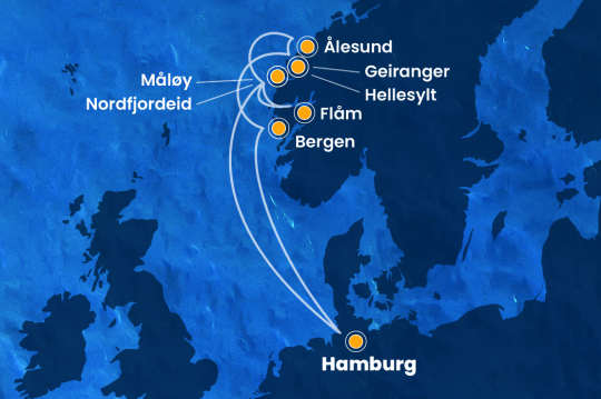 Reiseroute der Costa Favolosa von Hamburg nach Norwegen